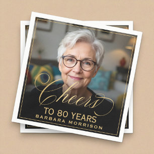 Cheers to 80 Years Birthday Photo Gold Black Napkin