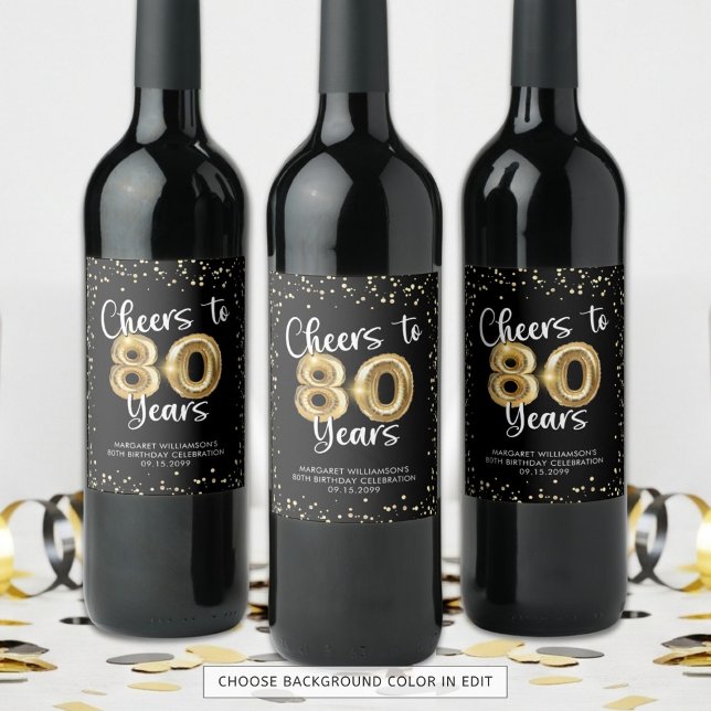 Cheers to 80 Years Black Gold Confetti Birthday Wine Label (Creator Uploaded)