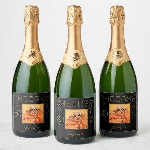 Cheers to 80 years Black Gold Photo Elegant Sparkling Wine Label