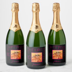 Cheers to 80 years Black Pink Photo Elegant Sparkling Wine Label