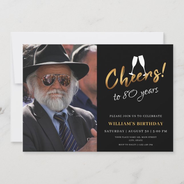 Cheers to 80 Years Gold Black Adult Birthday Photo Invitation (Front)