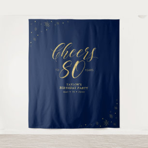 Cheers to 80 years   Gold & Navy Birthday Party Tapestry