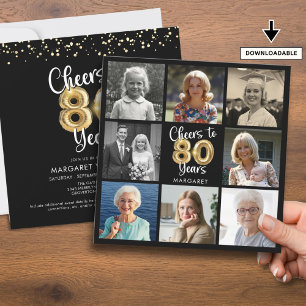 Cheers to 80 Years Photo Collage Balloons Birthday Invitation