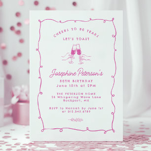 Cheers to 80 Years Pink Whimsical Doodle Invitation