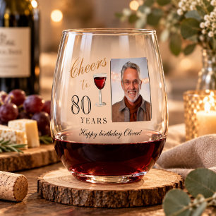 Cheers to 80 Years Red Wine 80th Birthday Photo Stemless Wine Glass