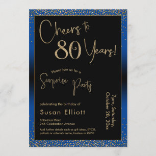 Cheers to 80 Years Surprise Birthday Party Blue Invitation