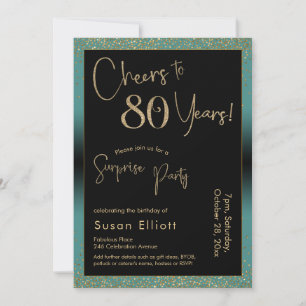 Cheers to 80 Years Surprise Birthday Party, Teal Invitation