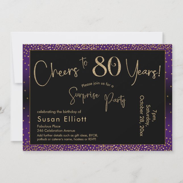 Cheers to 80 Years Surprise Birthday, Purple Invitation (Front)