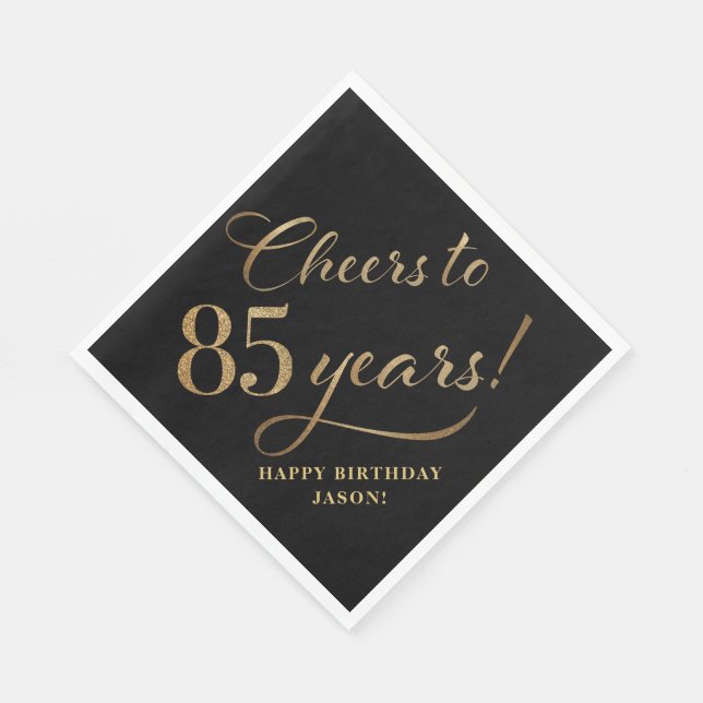 Cheers to 85 Birthday Glitter Black and Gold Napkin (Corner)