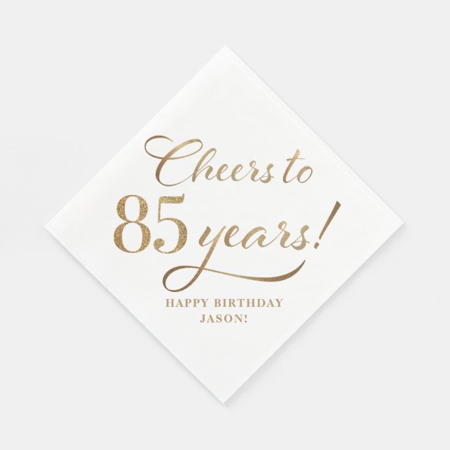 Cheers to 85 Birthday Glitter White and Gold Napkin (Corner)