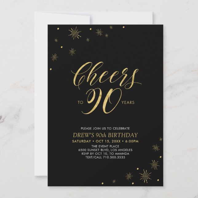 Cheers to 90 | Gold & Black 90th Birthday Party Invitation (Front)