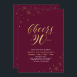 Cheers to 90 Gold & Burgundy 90th Birthday Party Invitation<br><div class="desc">Let's celebrate your special day with this stylish 90th birthday party invitation. This design features chic gold typography "Cheers to 90 years" and gold elements with a Burgundy red background. You can customise the text and background colour. More matching party supplies are available at my shop BaraBomDesign.</div>
