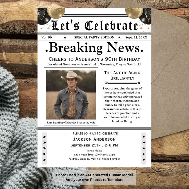 Cheers to 90! Newspaper Birthday  Invitation (Creator Uploaded)