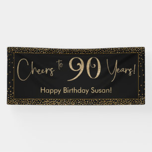 Cheers to 90 Years Birthday Black w/ Gold Confetti Banner