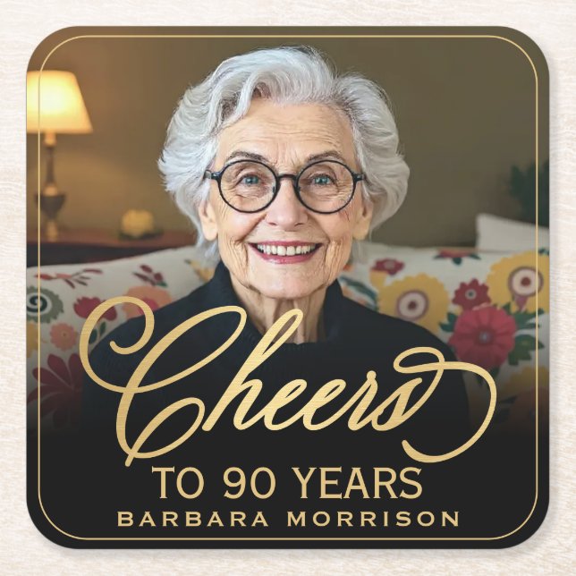 Cheers to 90 Years Birthday Photo Gold Black Square Paper Coaster (Front)