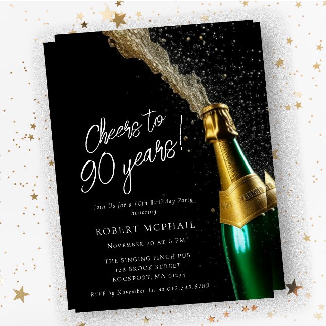 Cheers to 90 Years Champagne Bottle Birthday Invitation (Creator Uploaded)