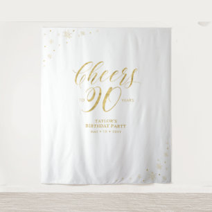 Cheers to 90 years, Gold 90th Birthday Party Tapestry