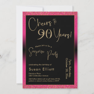 Cheers to 90 Years Surprise Birthday Party, Pink Invitation
