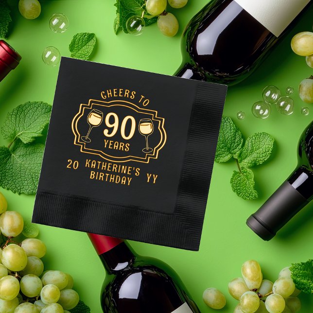Cheers to 90 Years Wine Glasses Birthday Name Foil Napkins ("Cheers to 90 Years" wine Glasses 90th Birthday with Name and Year Stamped Foil Napkins)