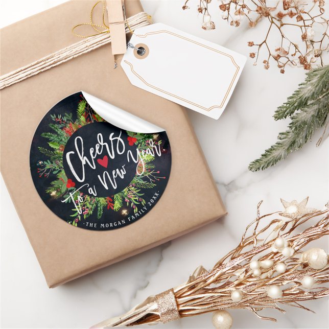 Cheers to a New Year Script Holly Wreath Greeting Classic Round Sticker (Creator Uploaded)