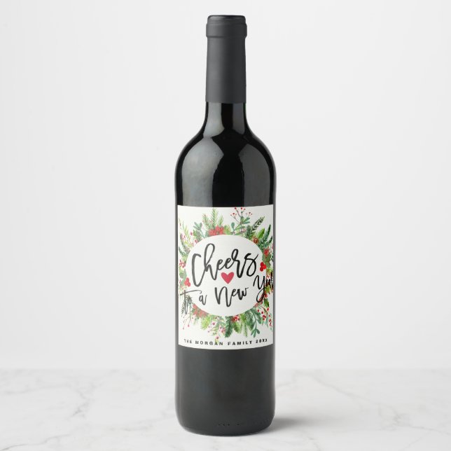 Cheers to a New Year Script Holly Wreath Greeting Wine Label (Front)
