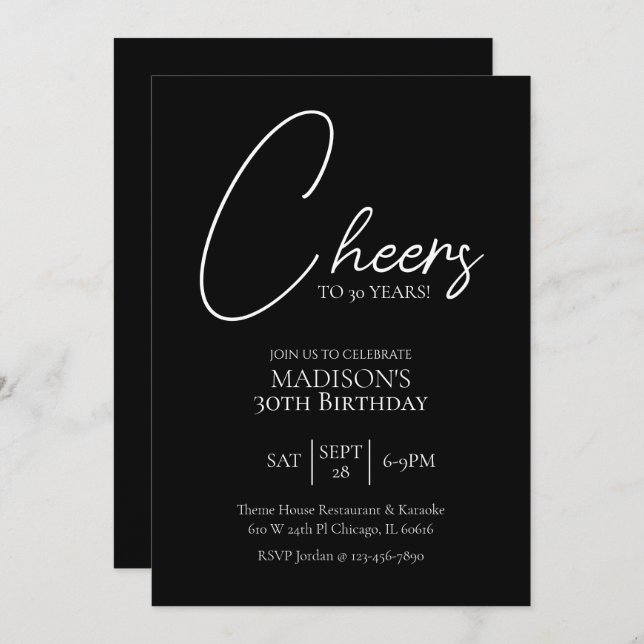 Cheers To Any Age 30th Black & White Birthday Invitation (Front/Back)