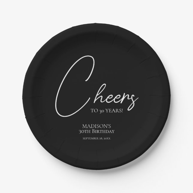 Cheers To Any Age 30th Black & White Birthday Paper Plate (Front)