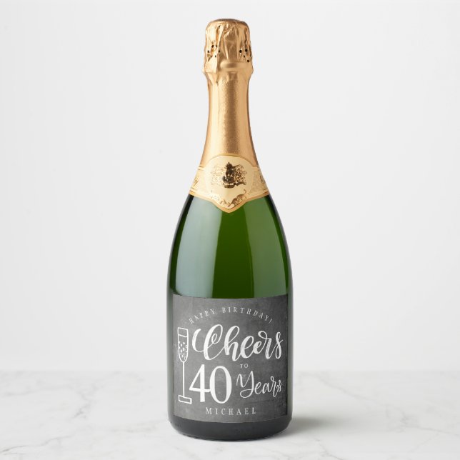 Cheers to any age chalkboard men happy birthday sparkling wine label (Front)