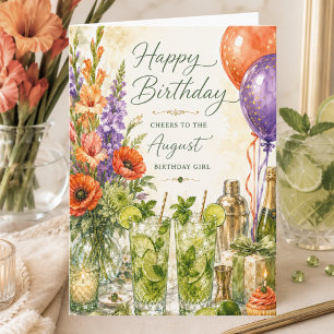 Cheers to August Birthday Girl Cocktail Birthday Card