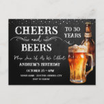 Cheers to Beers 30th Birthday Postcard<br><div class="desc">Rustic Black Chalkboard watercolor beer bottle and pint glass. Rustic Outdoor or bar birthday invitations for him. Any age. Easy to personalised template. All text can be adjusted using the design option. Fun,  simple,  casual birthday invites for him.</div>
