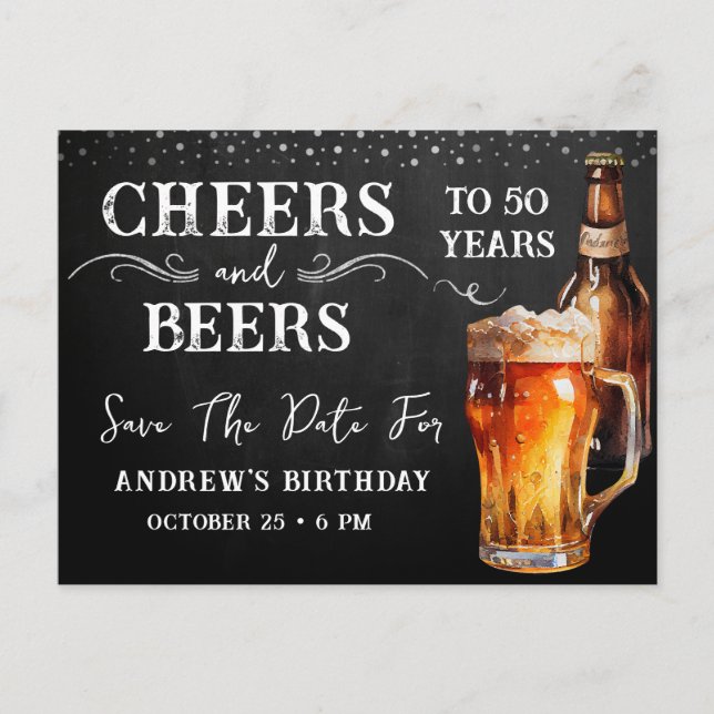 Cheers to Beers Save the Date Birthday  Postcard (Front)