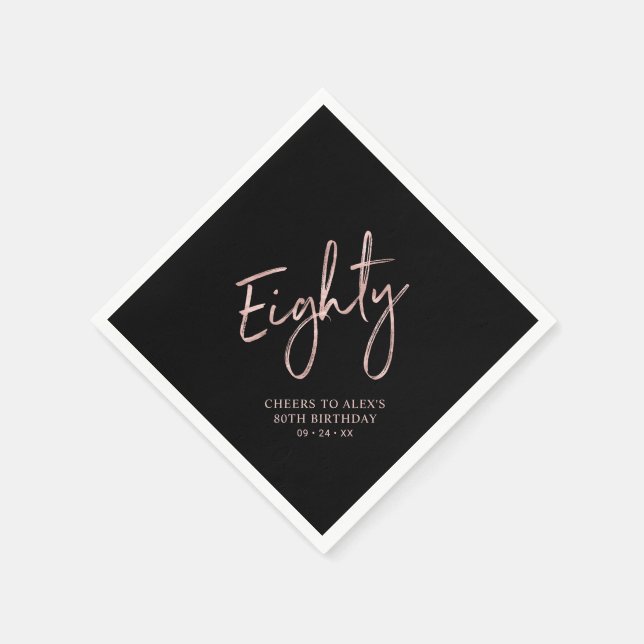 Cheers to Eighty Rose Gold & Black 80th Birthday Napkin (Corner)