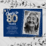 Cheers to Eighty Years 80th Birthday Photo Invitation<br><div class="desc">Elegant eightieth birthday party invitation featuring a stylish blue background that can be changed to any colour,  a photo of the birthday girl / boy,  silver sparkly glitter,  eighty silver hellium balloons,  and a modern 80th birthday celebration text template that is easy to personalise.</div>