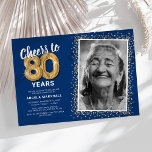 Cheers to Eighty Years 80th Birthday Photo Invitation<br><div class="desc">Elegant eightieth birthday party invitation featuring a trendy blue background that can be changed to any colour,  a photo of the birthday girl / boy,  gold sparkly glitter,  eighty gold hellium balloons,  and a modern 80th birthday celebration text template that is easy to personalise.</div>