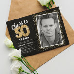 Cheers to Fifty Years 50th Birthday Photo Invitation<br><div class="desc">Elegant fiftieth birthday party invitation featuring a stylish black background that can be changed to any colour,  a photo of the birthday girl / boy,  gold sparkly glitter,  fifty gold hellium balloons,  and a modern 50th birthday celebration text template that is easy to personalise.</div>