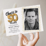 Cheers to Fifty Years 50th Birthday Photo Invitation<br><div class="desc">Elegant fiftieth birthday party invitations featuring a simple white background that can be changed to any colour,  a photo of the birthday girl / boy,  gold sparkly glitter,  fifty gold hellium balloons,  and a modern 50th birthday celebration text template that is easy to personalise.</div>