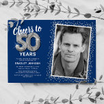 Cheers to Fifty Years 50th Birthday Photo Invitation<br><div class="desc">Elegant fiftieth birthday party invitation featuring a stylish blue background that can be changed to any colour,  a photo of the birthday girl / boy,  silver sparkly glitter,  fifty silver hellium balloons,  and a modern 50th birthday celebration text template that is easy to personalise.</div>