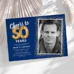 Cheers to Fifty Years 50th Birthday Photo Invitation<br><div class="desc">Elegant fiftieth birthday party invitation featuring a trendy blue background that can be changed to any colour,  a photo of the birthday girl / boy,  gold sparkly glitter,  fifty gold hellium balloons,  and a modern 50th birthday celebration text template that is easy to personalise.</div>