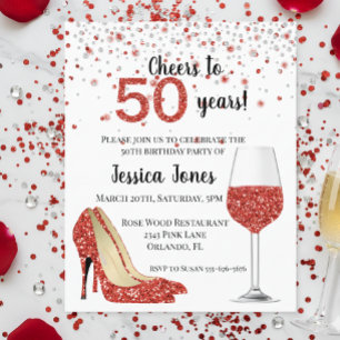 Cheers to Fifty years Red Glitter Wine Heels Invit Flyer