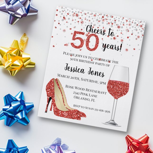 Cheers to Fifty years Red Glitter Wine Heels Invit Flyer (Creator Uploaded)