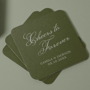 Cheers to Forever Green Wedding Square Paper Coaster