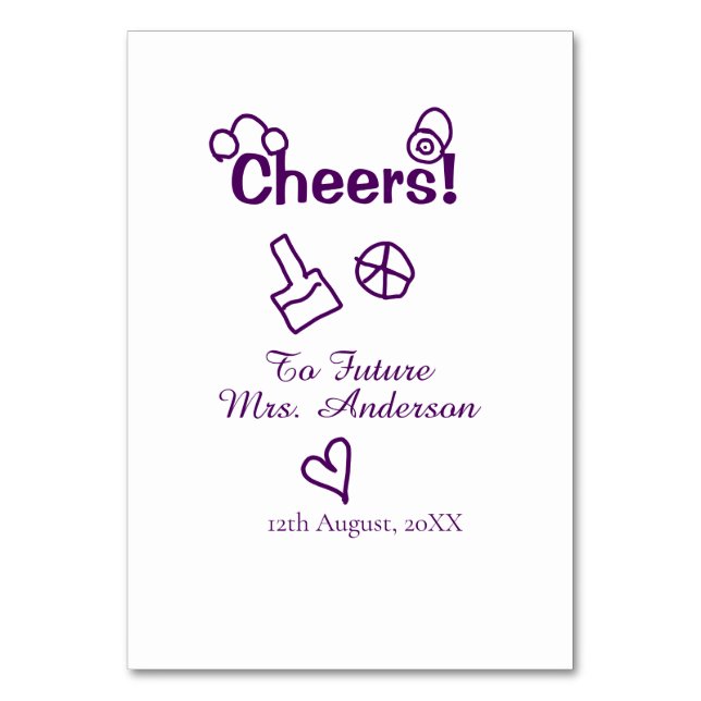 Cheers to future Mrs add bride name purple doodle Table Number (Front)