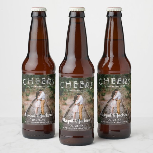 Cheers to Happily Ever After Photo Wedding Favour Beer Bottle Label (Bottles)