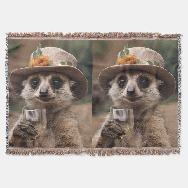 "Cheers to Life: Gran Meerkat Enjoys Glass Of Wine Throw Blanket (Front)