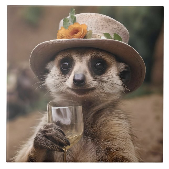 "Cheers to Life: Gran Meerkat Enjoys Glass Of Wine Tile (Front)