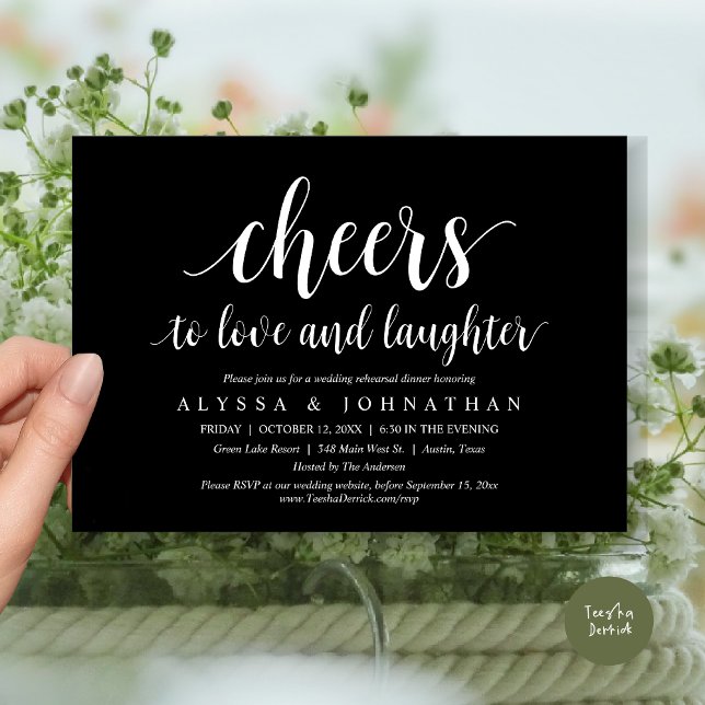 Cheers to love and laughter, Wedding Rehearsal Invitation (Cheers to love and laughter, Modern Wedding Rehearsal Dinner Invitation Card, PDF, Classy Black)