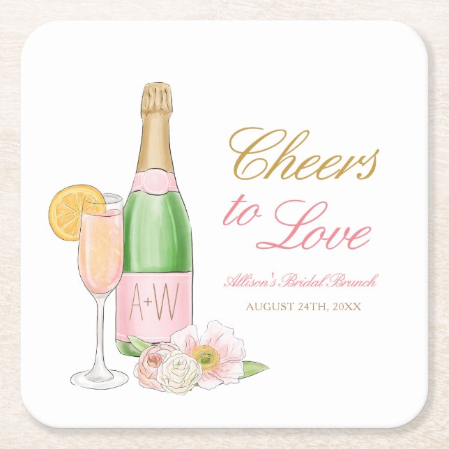 Cheers To Love Bridal Brunch and Bubbly  Square Paper Coaster (Front)
