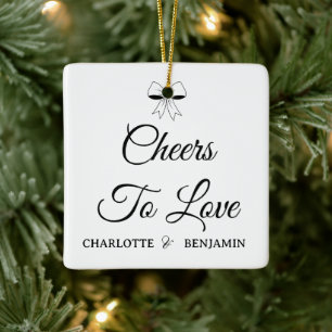 Cheers To Love Burgundy Script Ivory Bow Wedding Ceramic Ornament