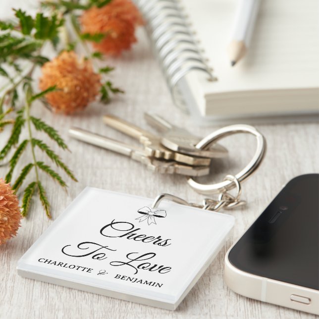 Cheers To Love Burgundy Script Ivory Bow Wedding Key Ring (Front Right)
