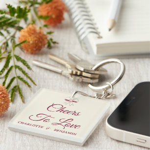 Cheers To Love Burgundy Script Ivory Bow Wedding Key Ring